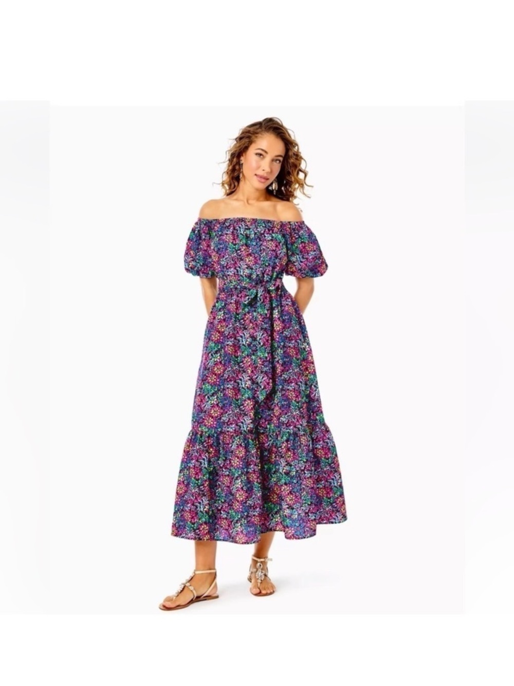 NWT Lilly  Pulitzer Off-the-Shoulder Floral Midi Dress in Purple S